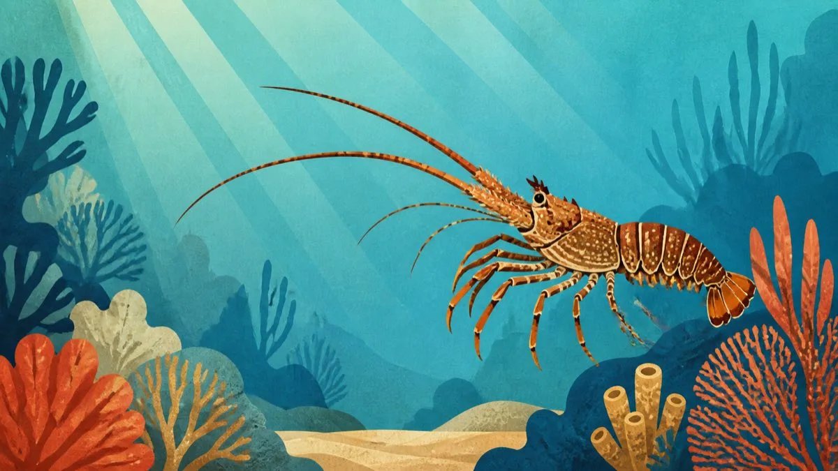 Original editorial illustration of a spiny lobster above a stylized coral reef
